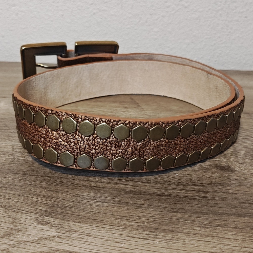 Leatherock Studded Belt Womens M 34 Bronze Metallic Leather Hexagon Buckle 8262 - Picture 2 of 11